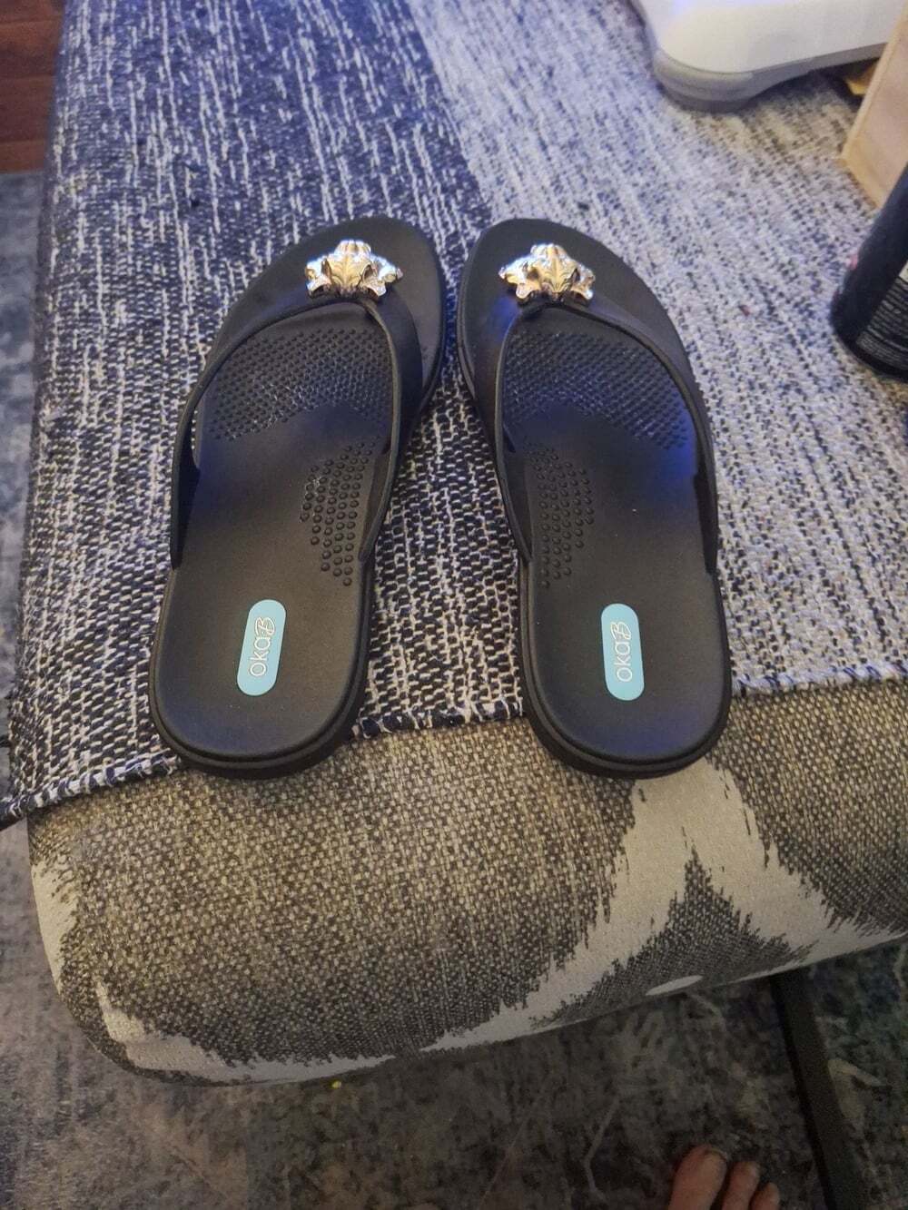 Oka-B Taylor Black Flip Flops with Gold Leaf Ornament